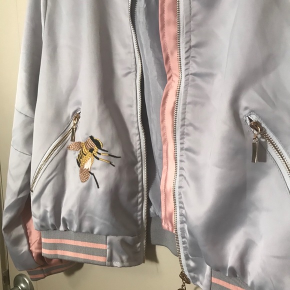 Unique Embroidered Bumblebee Satin Bomber Jacket - Picture 8 of 16